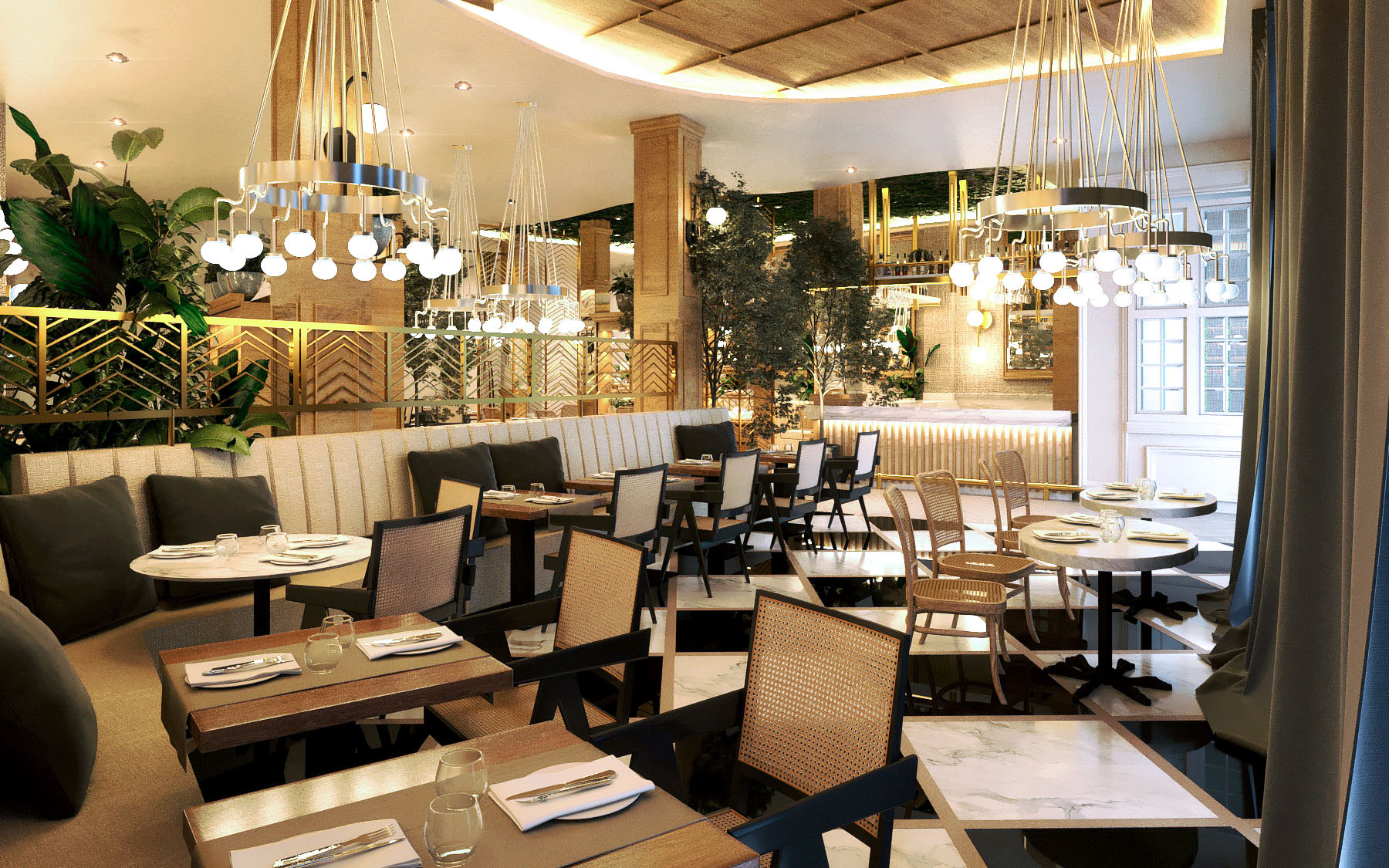 Render: salón con plafón curvo
