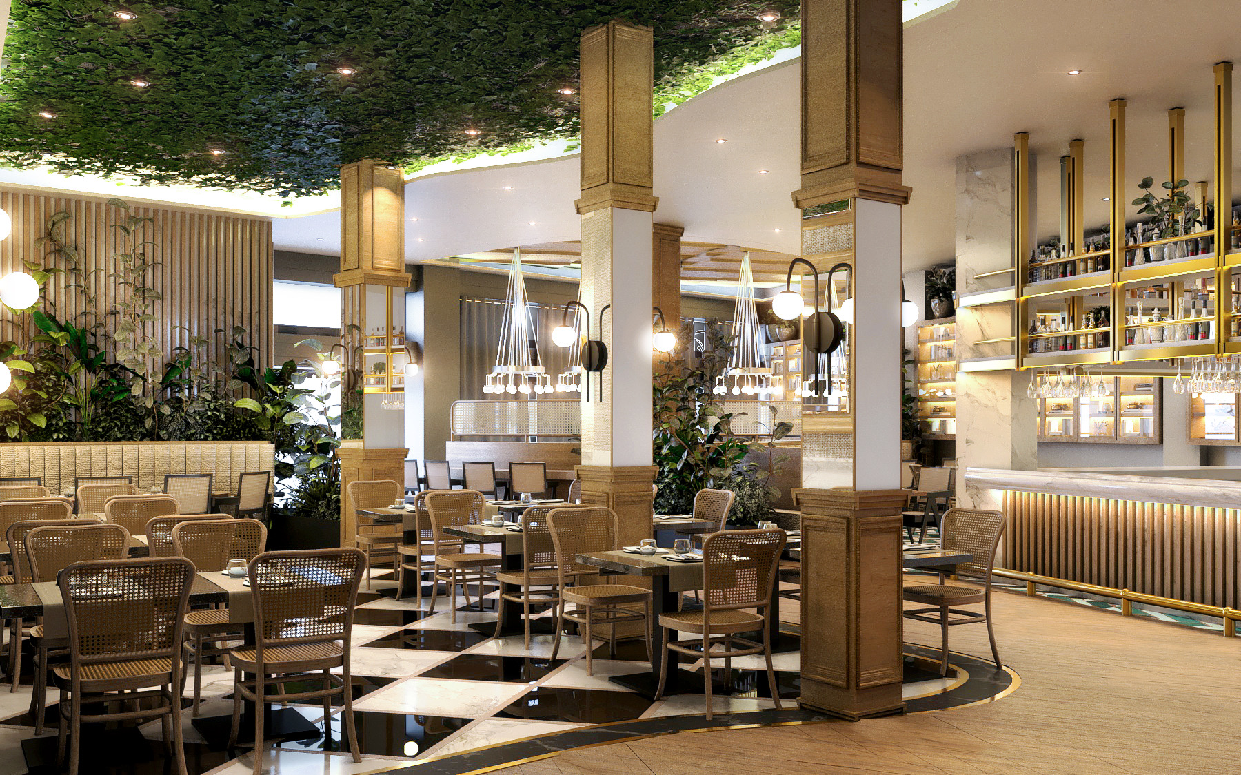 Render: salón con columnas y barra