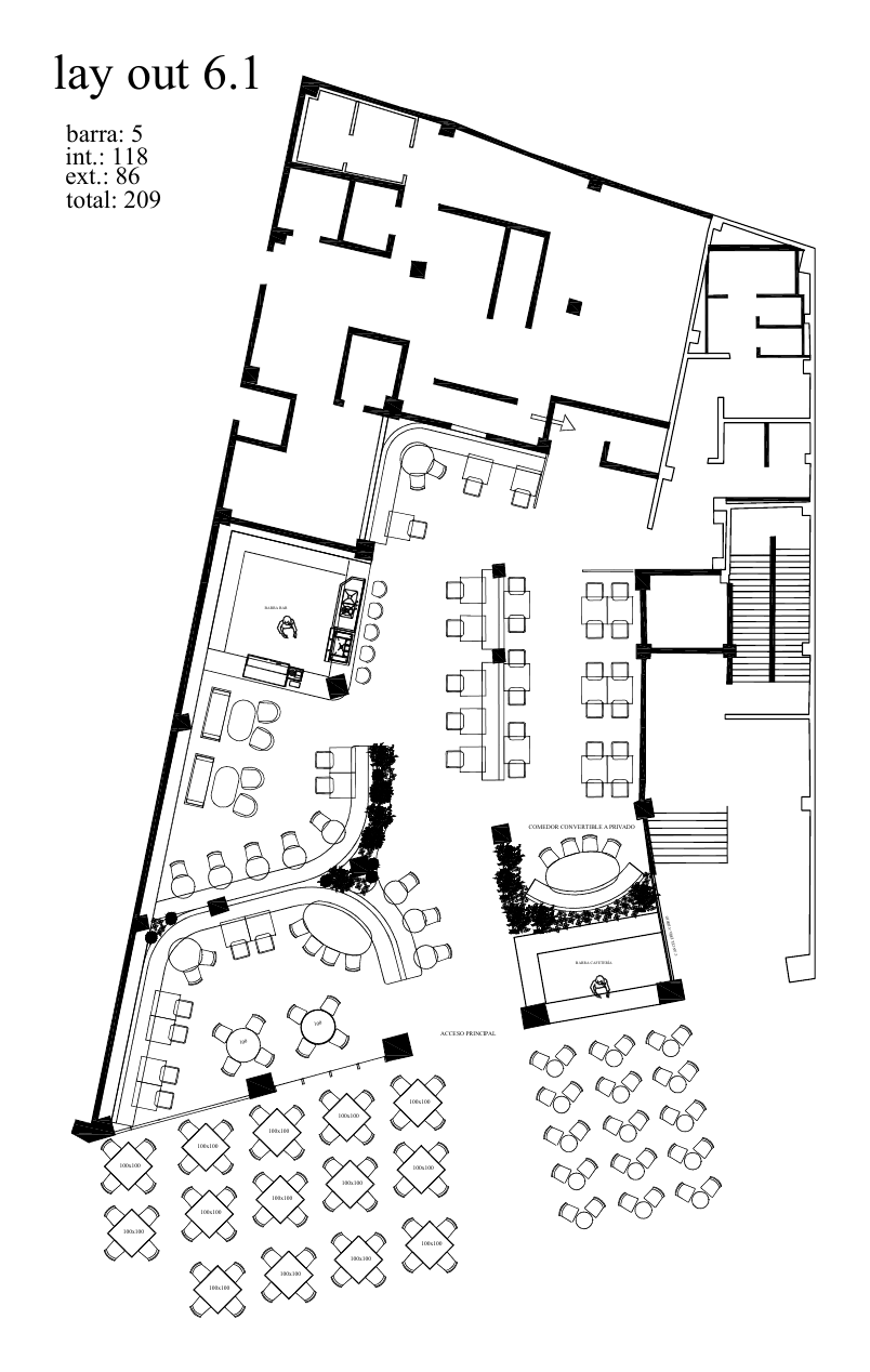 Plano del local: layout 6.1 con 209 lugares (barra 5, interior 118, exterior 86)
