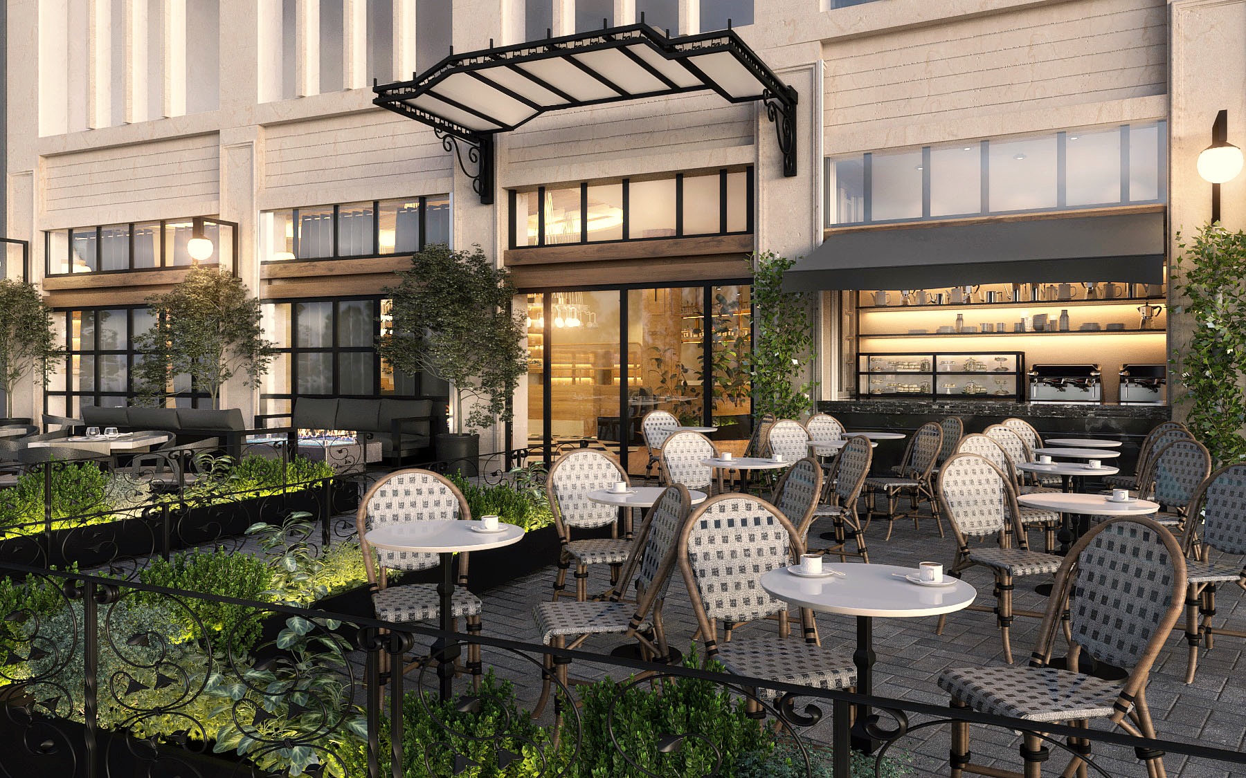 Render: fachada y terraza sobre Plaza de la República